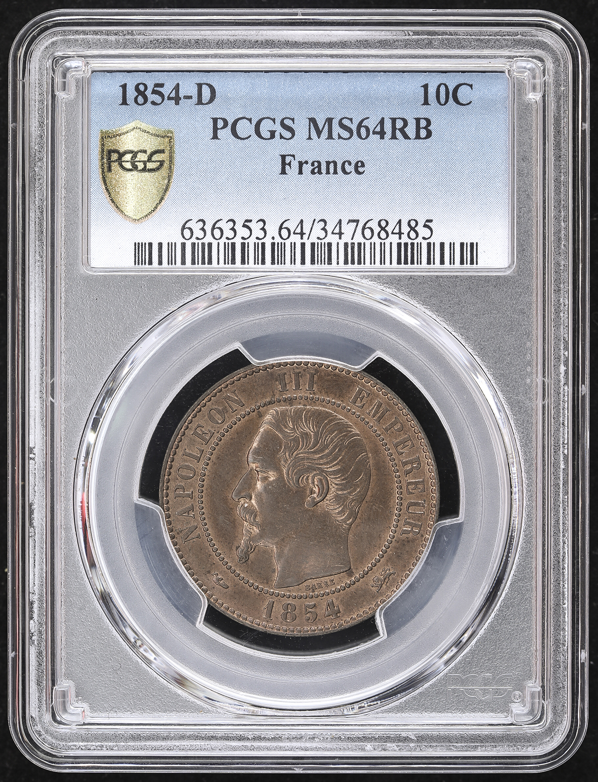 フランス ナポレオン3世(1852~70) 10Centimes銅貨 1854D PCGS-MS64RB UNC+ 未使用 | ミスターコインズ
