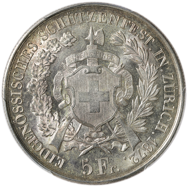 スイス チューリッヒ 5フラン銀貨 1872年 PCGS MS64 射撃祭 | ミスターコインズ