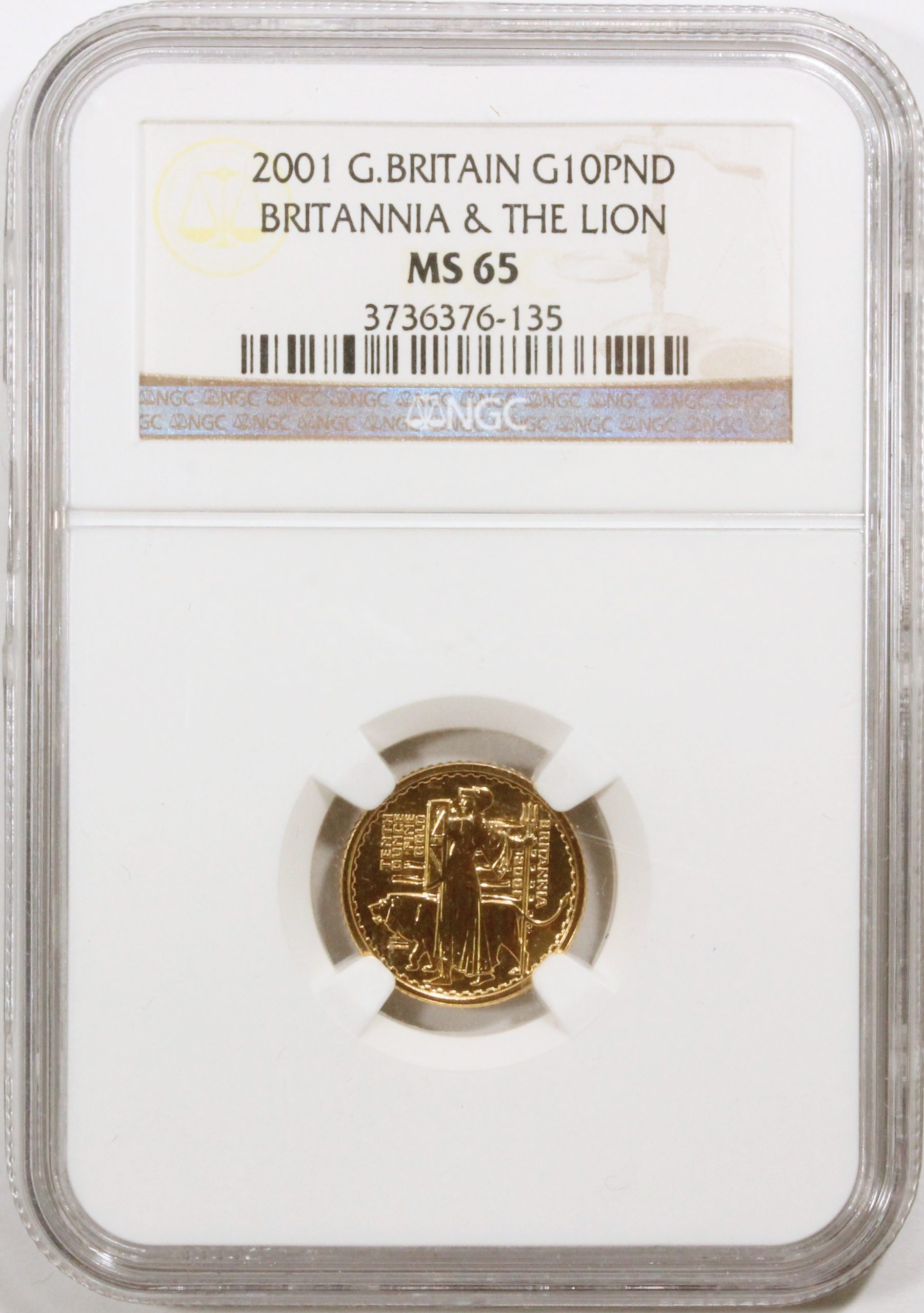 イギリス 10ポンド金貨 2001年 NGC MS65 ブリタニア ライオン 古銭 コイン | ミスターコインズ